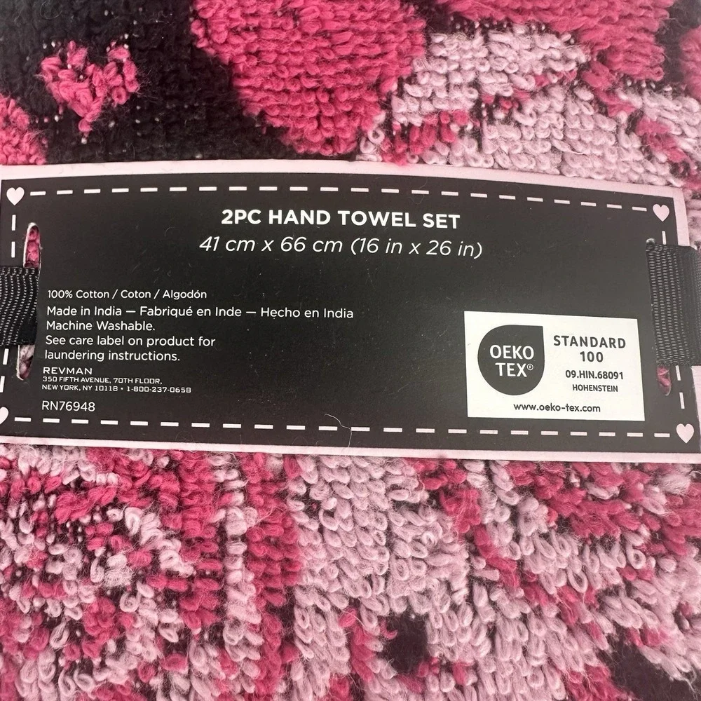 Betsey Johnson Pink Floral Heart Hand Towel Set 2PC Black Cotton Bath Decor